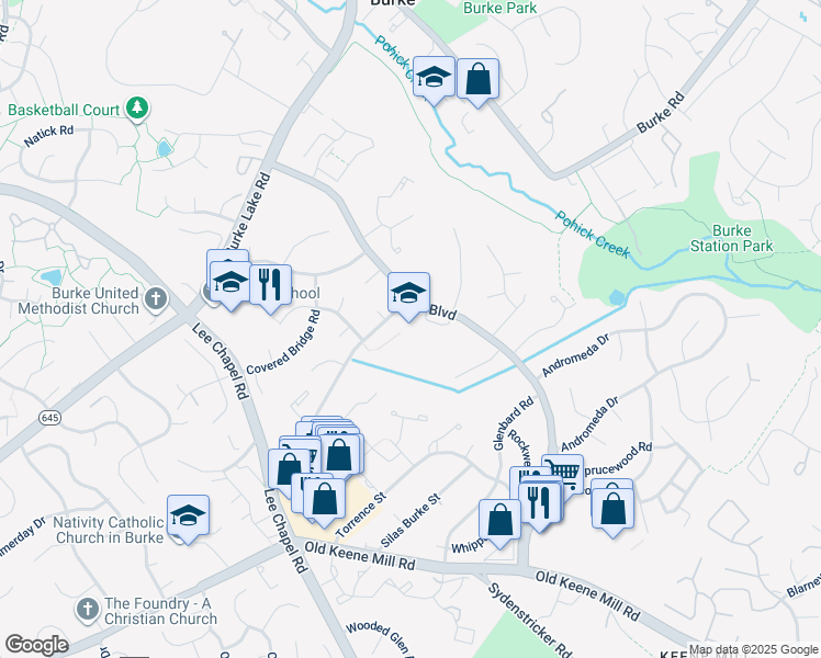 map of restaurants, bars, coffee shops, grocery stores, and more near 6130 Shiplett Boulevard in Burke
