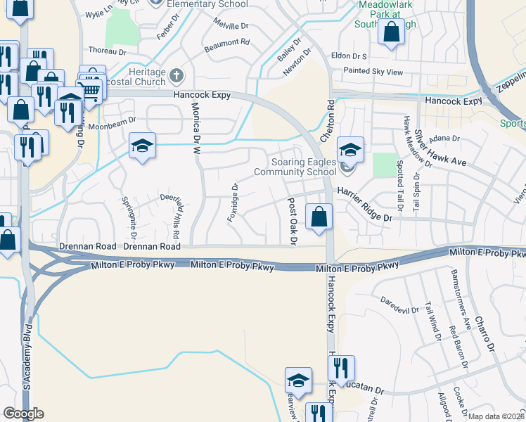 map of restaurants, bars, coffee shops, grocery stores, and more near 4565 Hollyridge Drive in Colorado Springs