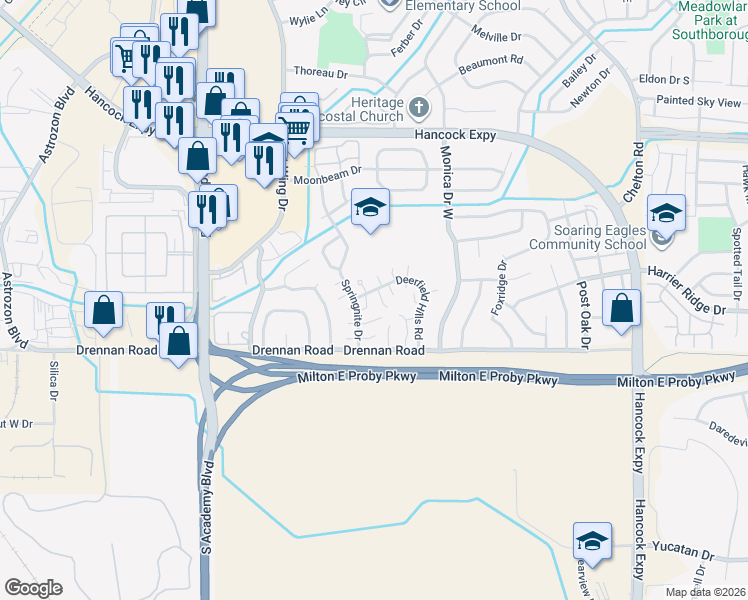 map of restaurants, bars, coffee shops, grocery stores, and more near 4250 Deerfield Hills Road in Colorado Springs