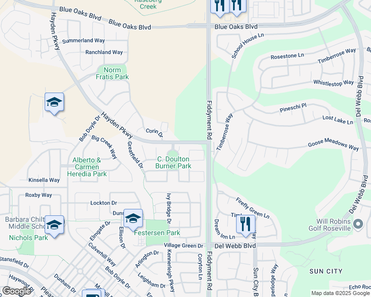 map of restaurants, bars, coffee shops, grocery stores, and more near 2512 Rockrose Circle in Roseville