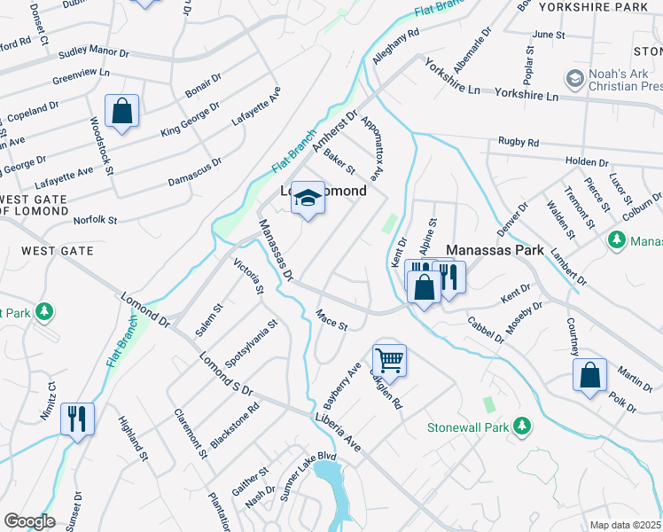 map of restaurants, bars, coffee shops, grocery stores, and more near 113 Baker Street in Manassas Park