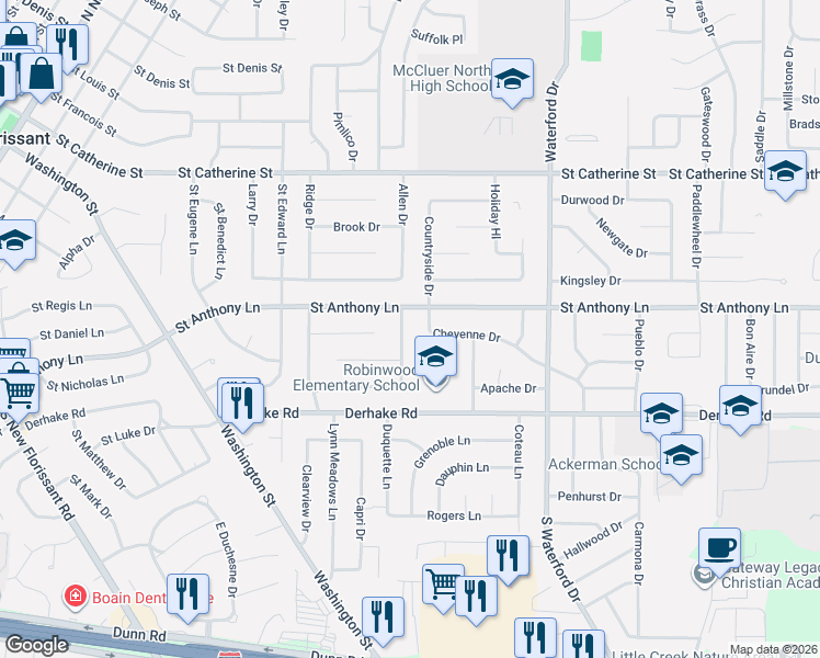 map of restaurants, bars, coffee shops, grocery stores, and more near 890 Saint Anthony Lane in Florissant