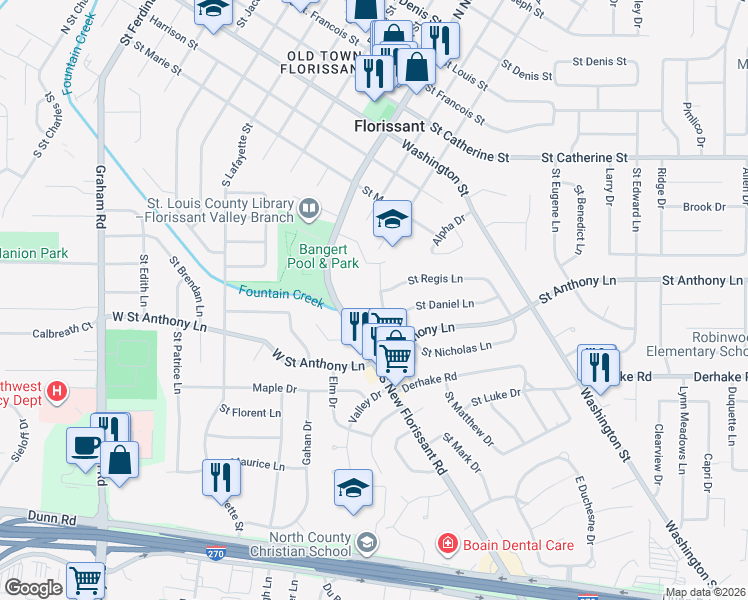 map of restaurants, bars, coffee shops, grocery stores, and more near 300 South New Florissant Road in Florissant