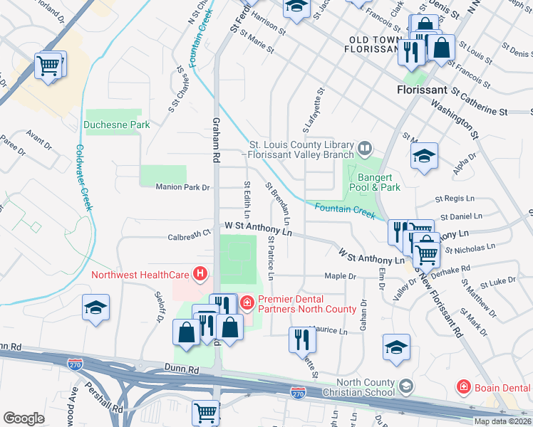 map of restaurants, bars, coffee shops, grocery stores, and more near 700 Saint Patrice Lane in Florissant
