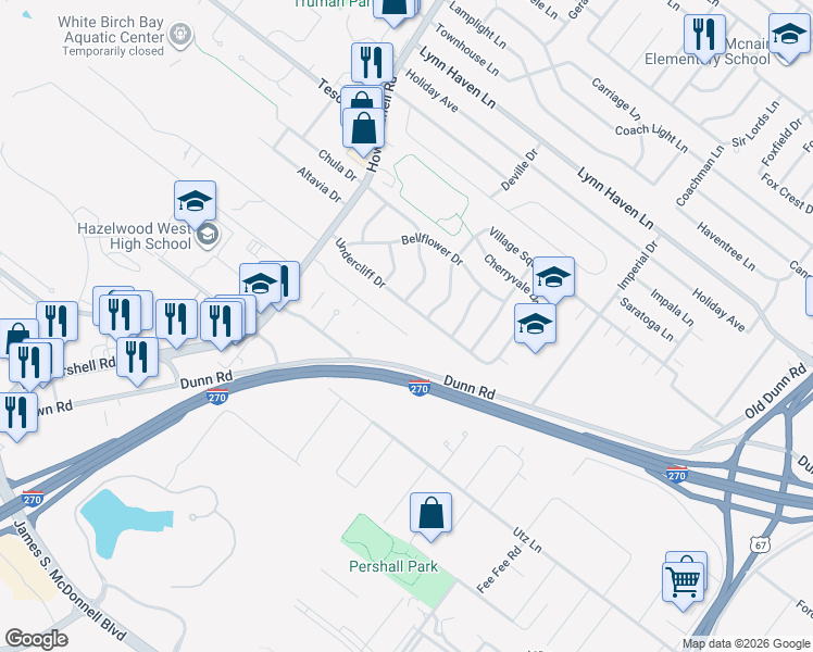 map of restaurants, bars, coffee shops, grocery stores, and more near 721 Undercliff Drive in Hazelwood