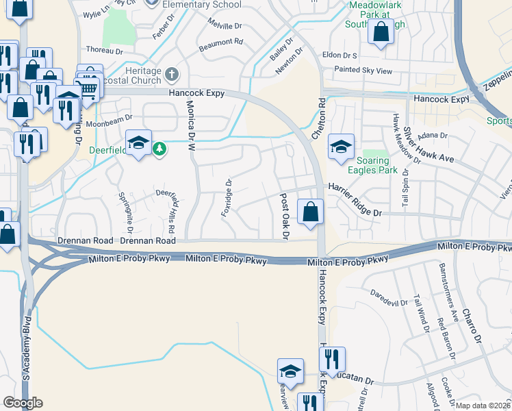 map of restaurants, bars, coffee shops, grocery stores, and more near 4575 Morning Mist Drive in Colorado Springs