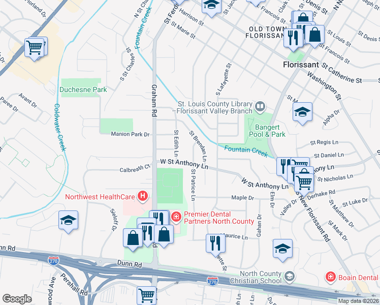 map of restaurants, bars, coffee shops, grocery stores, and more near 700 Saint Patrice Lane in Florissant