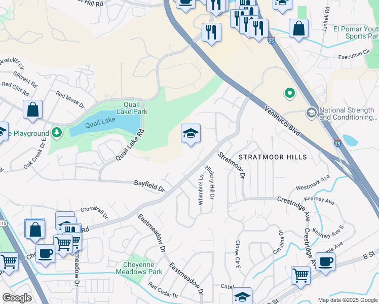 map of restaurants, bars, coffee shops, grocery stores, and more near 1450 Cheyenne Meadows Road in Colorado Springs