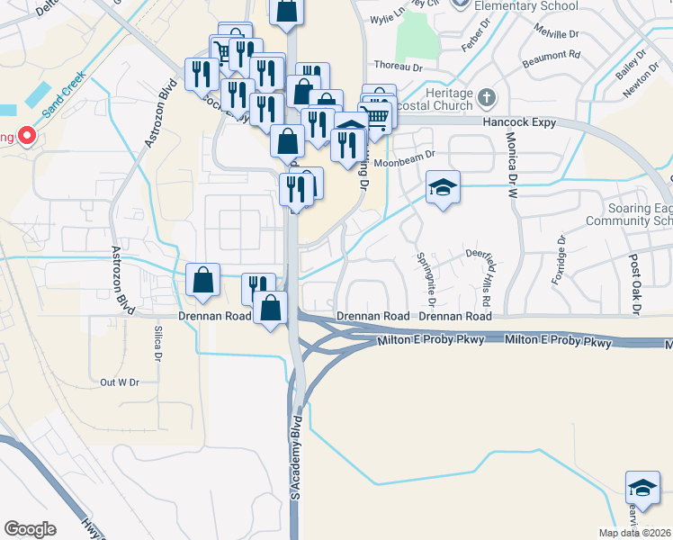 map of restaurants, bars, coffee shops, grocery stores, and more near 3860 Patrick Drive in Colorado Springs