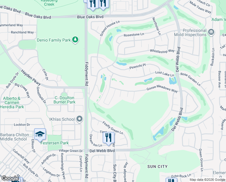 map of restaurants, bars, coffee shops, grocery stores, and more near 7612 Goose Meadows Way in Roseville