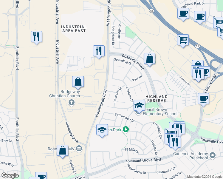 map of restaurants, bars, coffee shops, grocery stores, and more near 624 Camelot Drive in Roseville