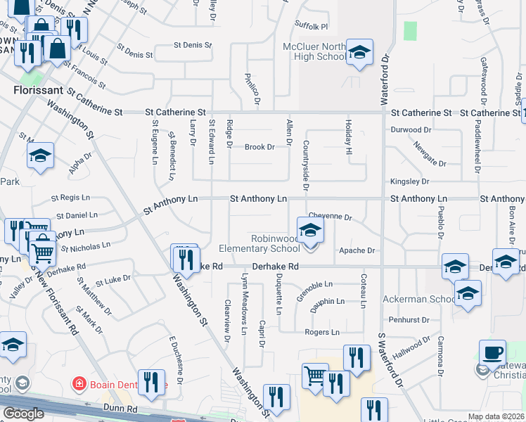 map of restaurants, bars, coffee shops, grocery stores, and more near 830 Saint Anthony Lane in Florissant