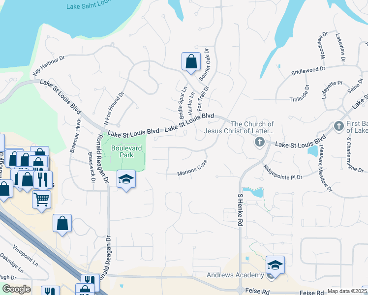 map of restaurants, bars, coffee shops, grocery stores, and more near Locksley Manor Drive in Lake Saint Louis