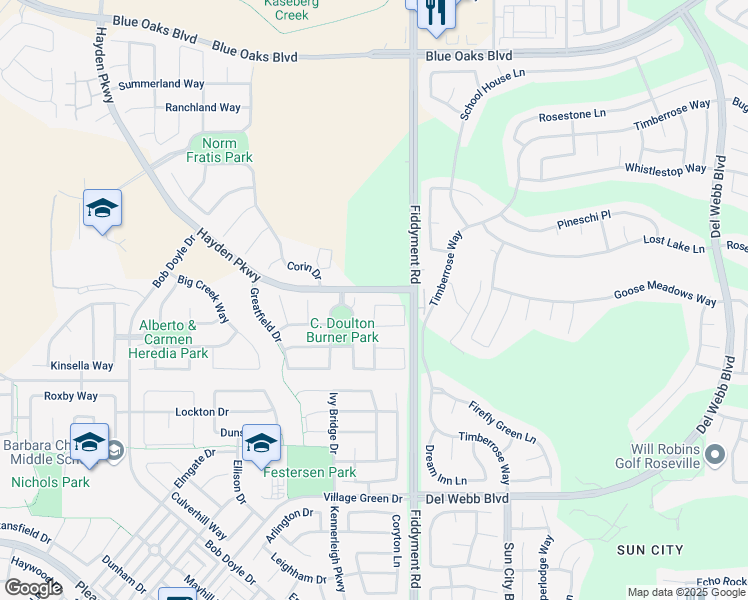 map of restaurants, bars, coffee shops, grocery stores, and more near 2512 Rockrose Circle in Roseville