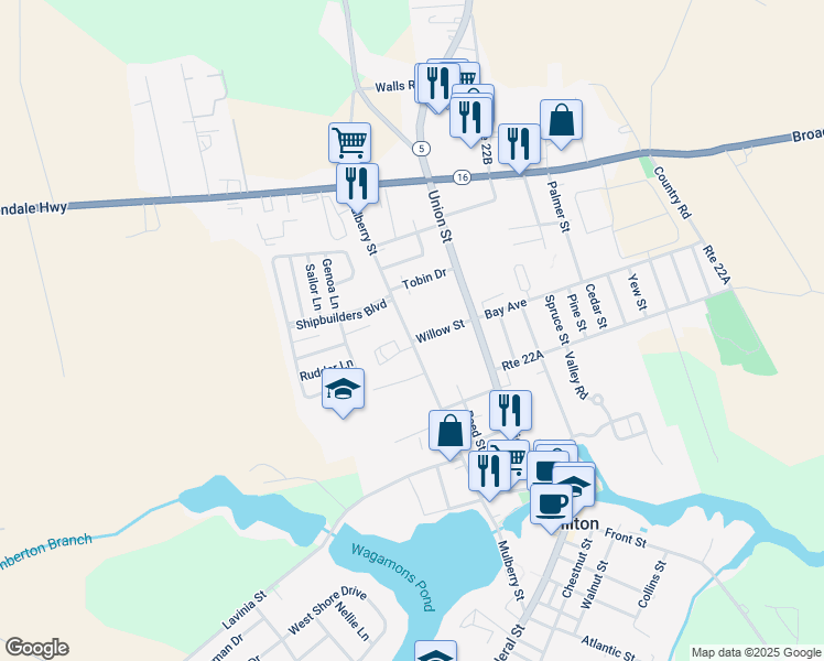 map of restaurants, bars, coffee shops, grocery stores, and more near 503 Mulberry Street in Milton