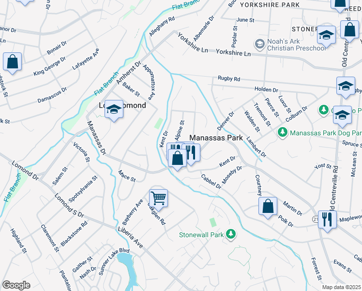 map of restaurants, bars, coffee shops, grocery stores, and more near 108 Travis Street in Manassas Park