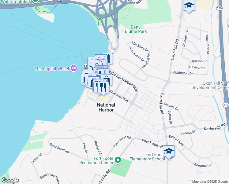 map of restaurants, bars, coffee shops, grocery stores, and more near American Way in Fort Washington
