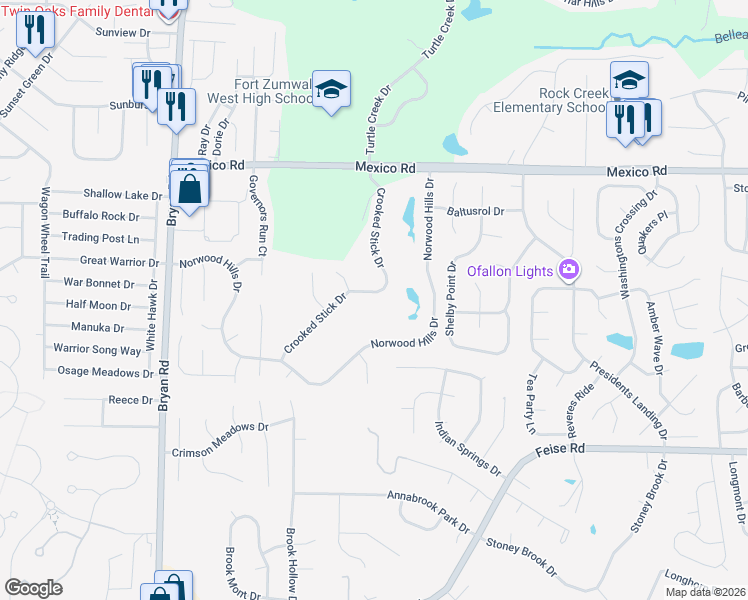 map of restaurants, bars, coffee shops, grocery stores, and more near 1399 Crooked Stick Drive in O'Fallon