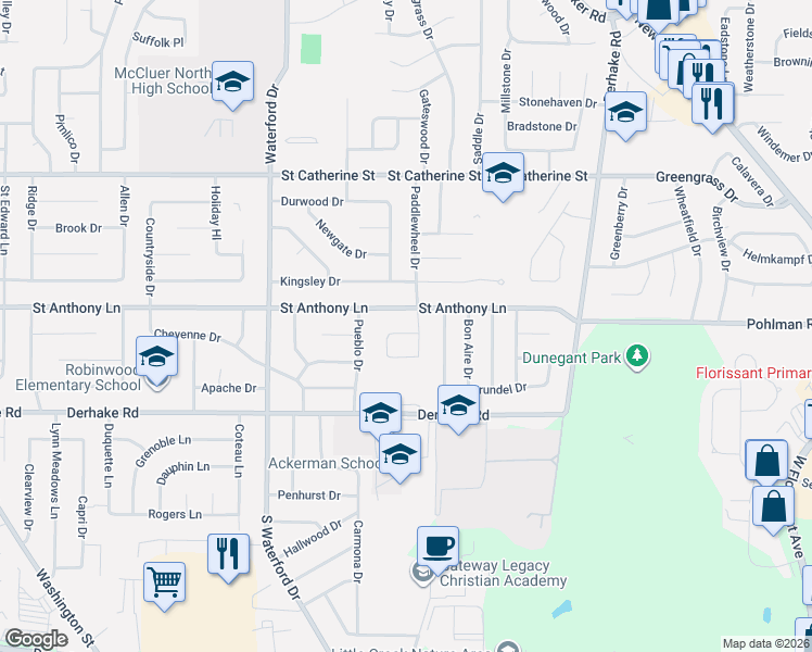 map of restaurants, bars, coffee shops, grocery stores, and more near 1600 Saint Anthony Lane in Florissant