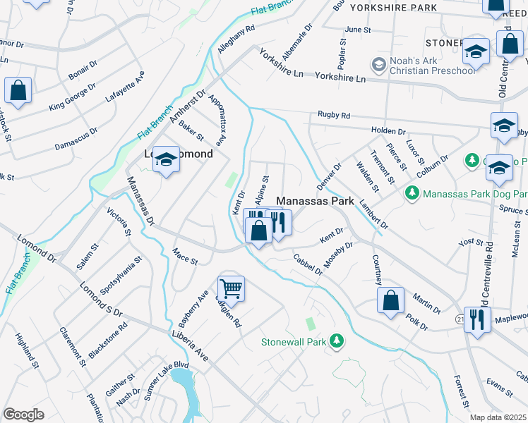 map of restaurants, bars, coffee shops, grocery stores, and more near 108 Travis Street in Manassas Park