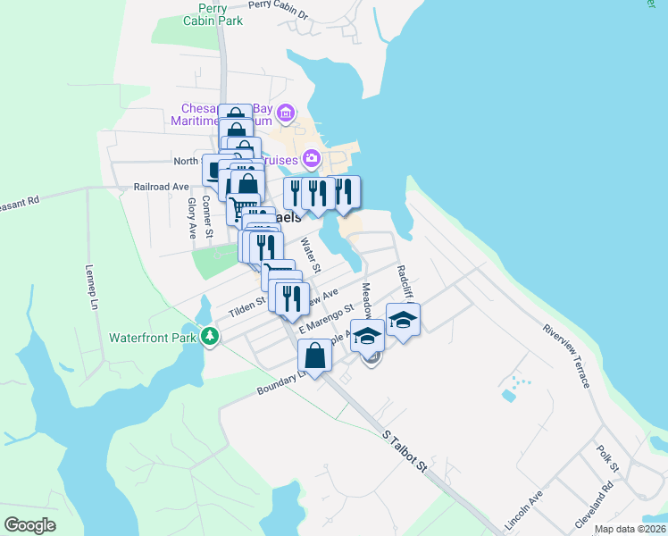 map of restaurants, bars, coffee shops, grocery stores, and more near 216 E Chestnut St in St Michaels