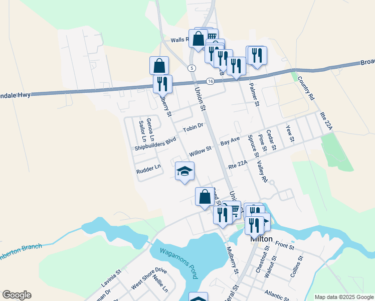 map of restaurants, bars, coffee shops, grocery stores, and more near 503 Mulberry Street in Milton