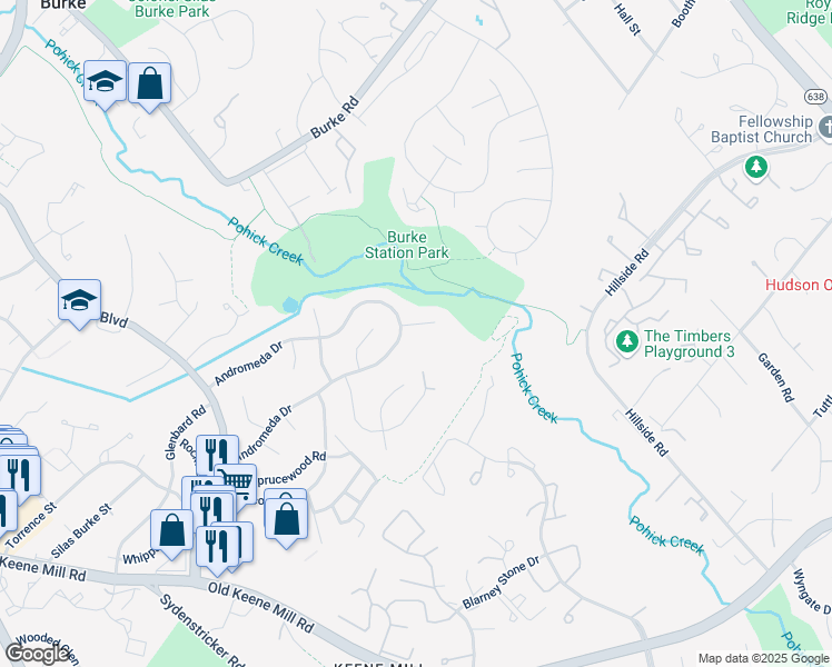 map of restaurants, bars, coffee shops, grocery stores, and more near 6212 Haskin Court in Burke