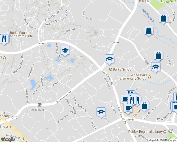 map of restaurants, bars, coffee shops, grocery stores, and more near 6157 Lucas Pond Court in Burke