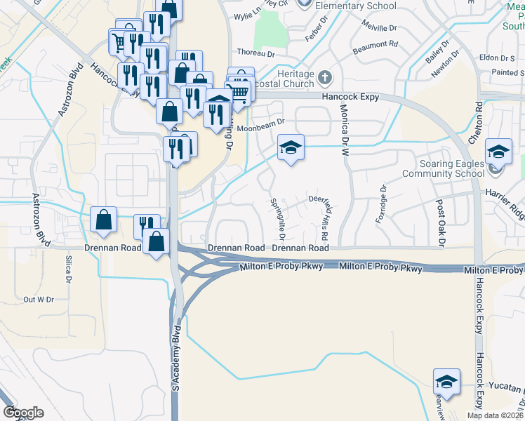 map of restaurants, bars, coffee shops, grocery stores, and more near 4044 Colony Hills Circle in Colorado Springs