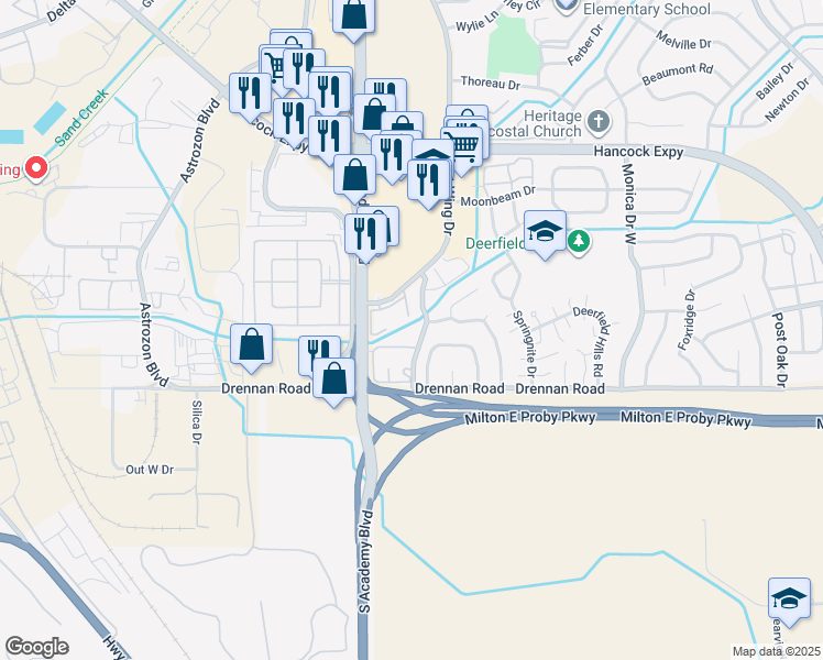 map of restaurants, bars, coffee shops, grocery stores, and more near 3925 Colony Hills Circle in Colorado Springs