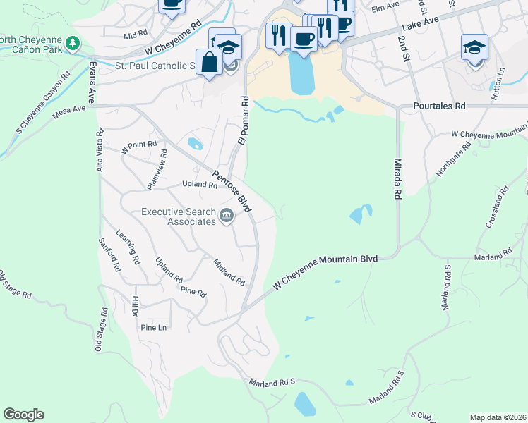map of restaurants, bars, coffee shops, grocery stores, and more near 32 Penrose Lane in Colorado Springs