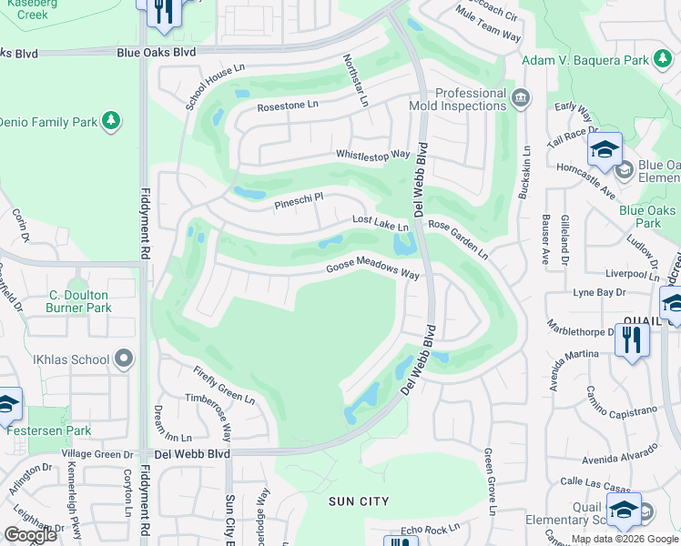 map of restaurants, bars, coffee shops, grocery stores, and more near 7452 Goose Meadows Way in Roseville