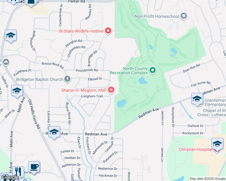 map of restaurants, bars, coffee shops, grocery stores, and more near 19 Edgemere Court in Florissant