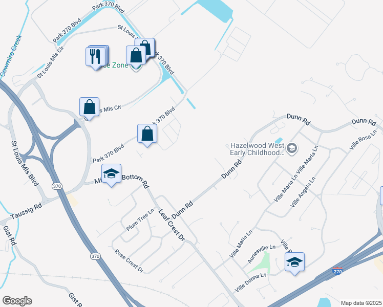 map of restaurants, bars, coffee shops, grocery stores, and more near 4824 Park 370 Boulevard in Hazelwood