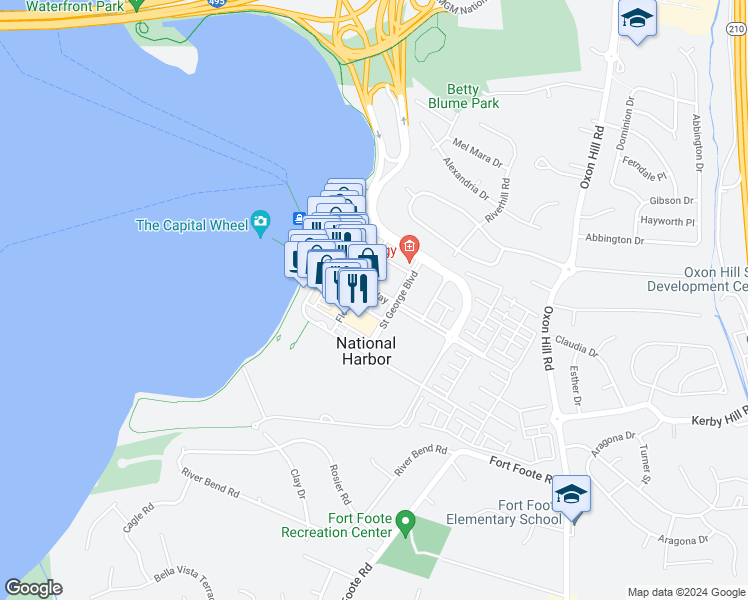 map of restaurants, bars, coffee shops, grocery stores, and more near 253 American Way in Oxon Hill