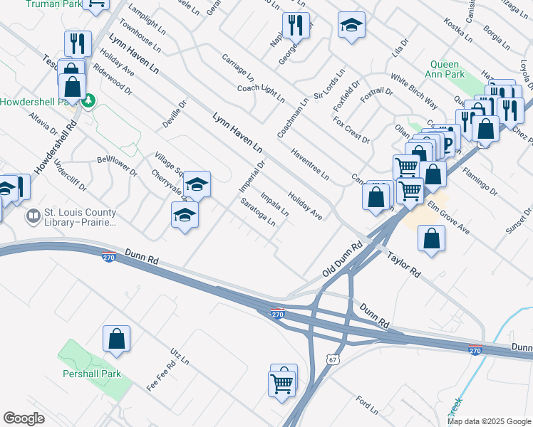 map of restaurants, bars, coffee shops, grocery stores, and more near 509 Saratoga Lane in Hazelwood