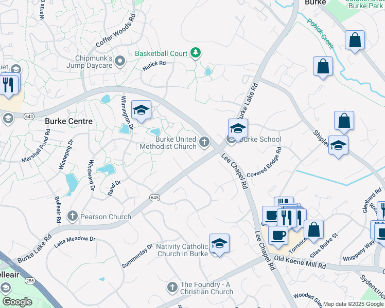 map of restaurants, bars, coffee shops, grocery stores, and more near 6157 Lucas Pond Court in Burke
