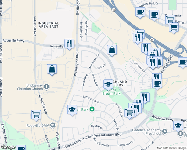 map of restaurants, bars, coffee shops, grocery stores, and more near Anacapa Drive & Brennen Circle in Roseville