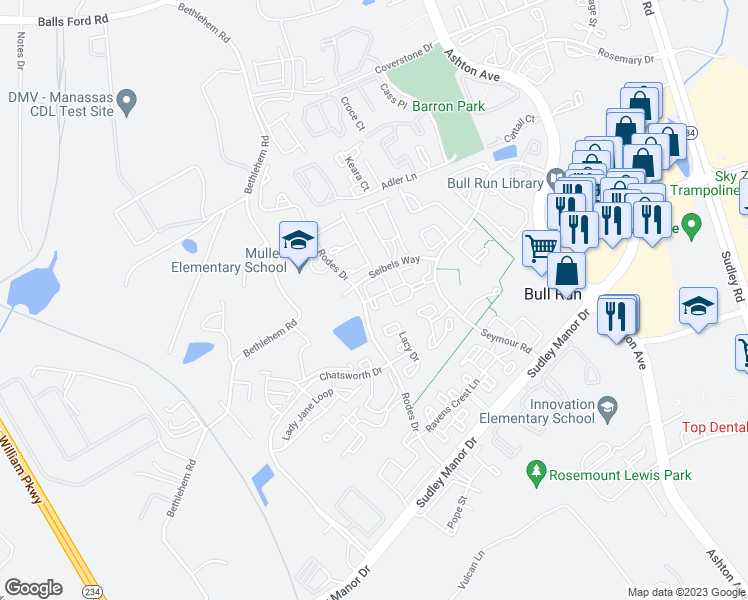 map of restaurants, bars, coffee shops, grocery stores, and more near 8008 Lantern Court in Manassas