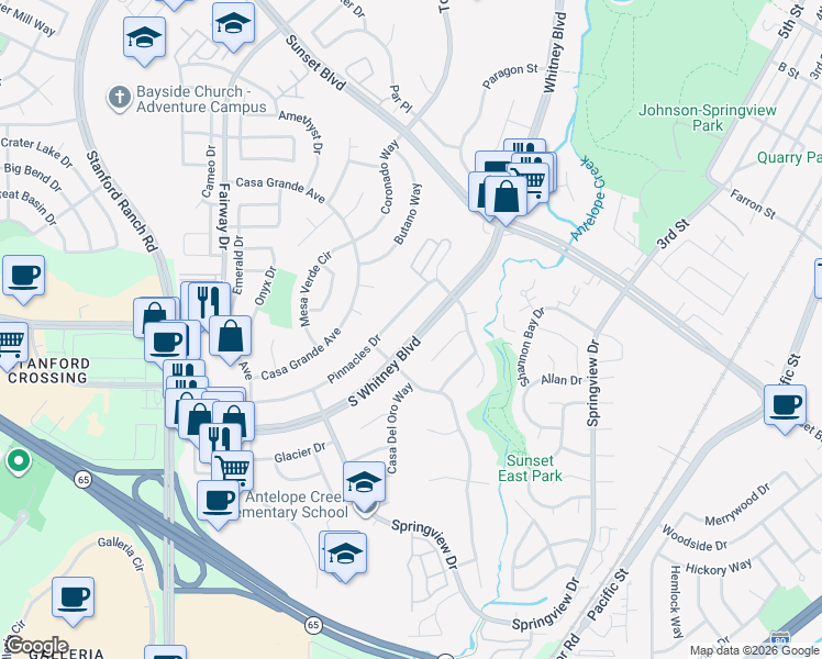 map of restaurants, bars, coffee shops, grocery stores, and more near 2685 South Whitney Boulevard in Rocklin