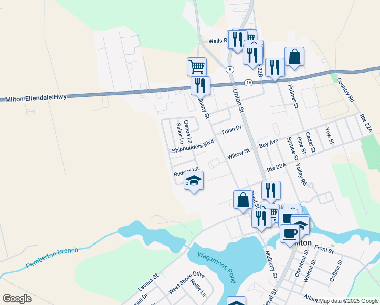 map of restaurants, bars, coffee shops, grocery stores, and more near 108 South Spinnaker Lane in Milton