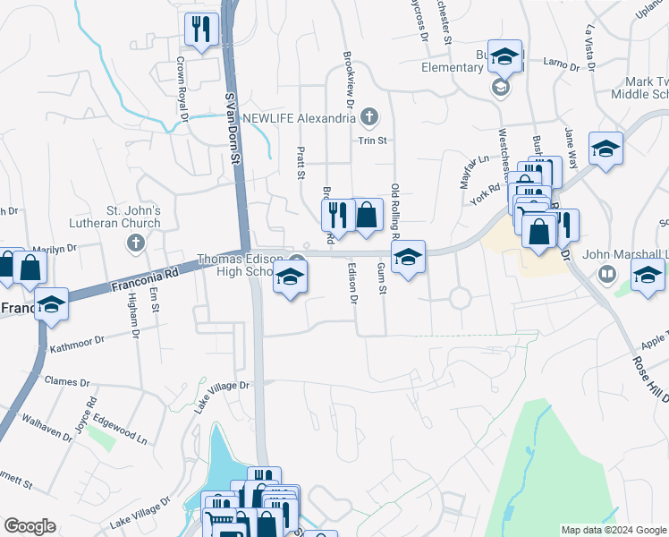 map of restaurants, bars, coffee shops, grocery stores, and more near 5611 Franconia Road in Alexandria