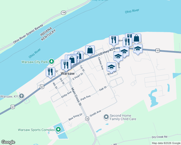 map of restaurants, bars, coffee shops, grocery stores, and more near 103 Weldon Way in Warsaw