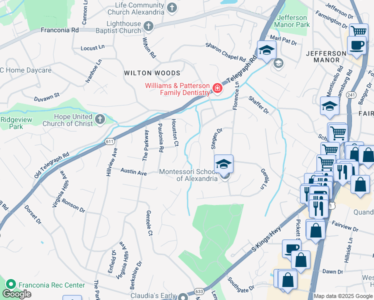 map of restaurants, bars, coffee shops, grocery stores, and more near 6108 Holly Tree Drive in Alexandria