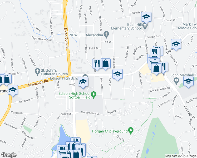 map of restaurants, bars, coffee shops, grocery stores, and more near 5605 Franconia Road in Alexandria