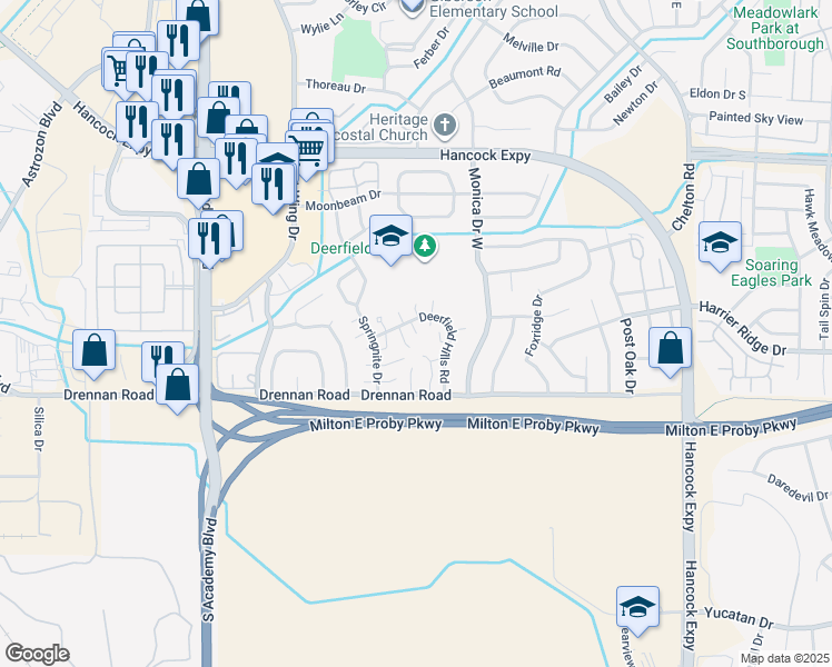 map of restaurants, bars, coffee shops, grocery stores, and more near Deerfield Hills Road in Colorado Springs