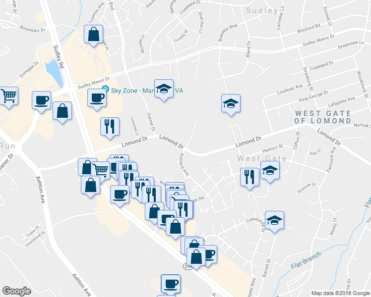 map of restaurants, bars, coffee shops, grocery stores, and more near 7957 Ashland Avenue in Manassas