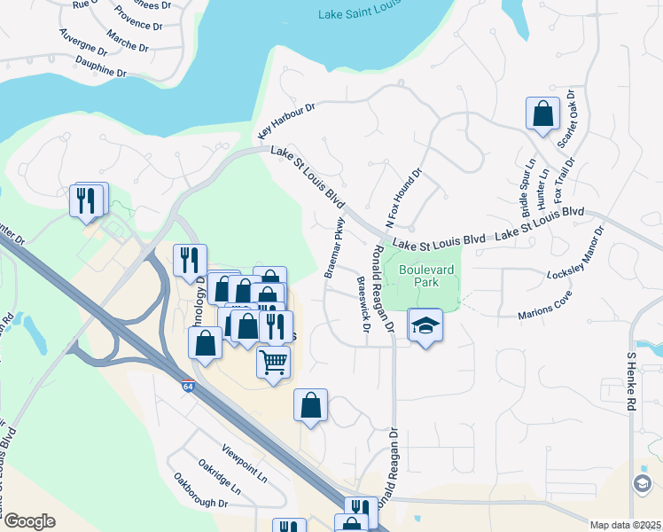 map of restaurants, bars, coffee shops, grocery stores, and more near 2684 Braemar Parkway in Lake Saint Louis