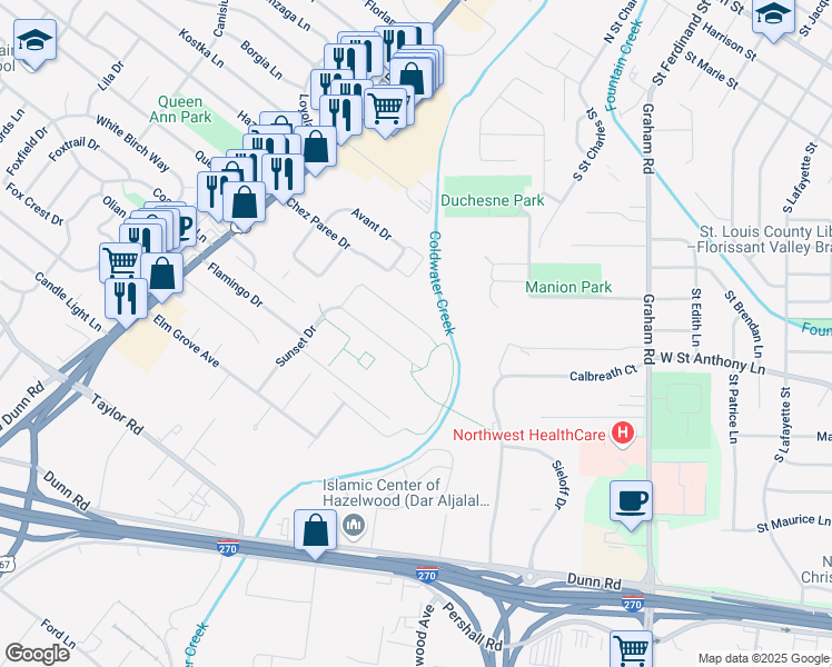 map of restaurants, bars, coffee shops, grocery stores, and more near 234 Palm Drive in Hazelwood