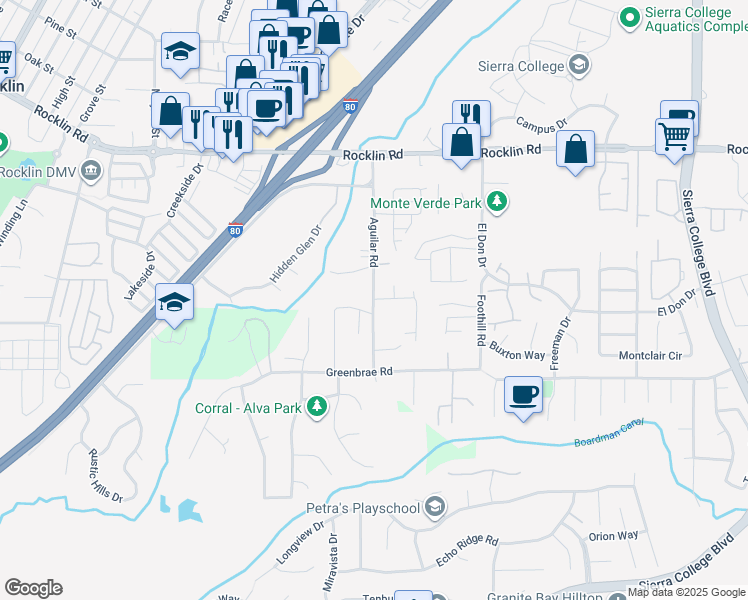 map of restaurants, bars, coffee shops, grocery stores, and more near Aguilar Road & Arrowhead Drive in Rocklin